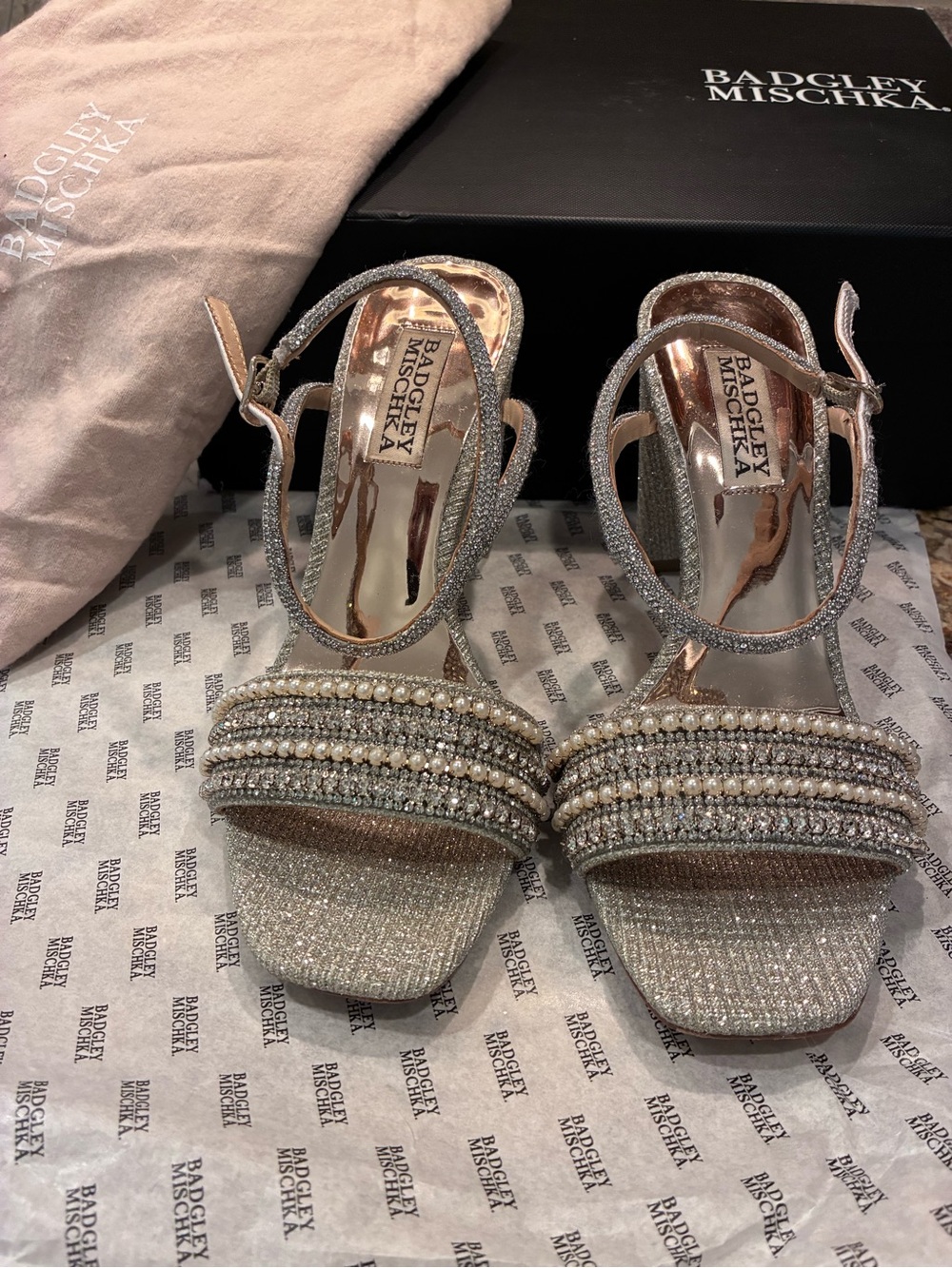 Badgley Mischka Kari Platinum Beaded Embellished Evening/ Wedding Block Heel